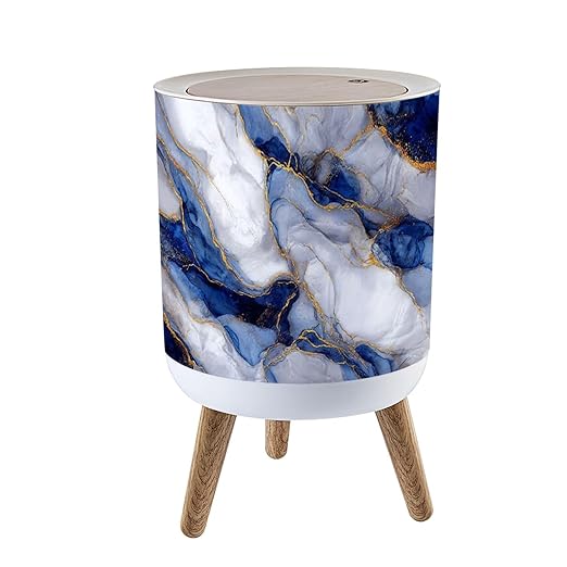Trash Can with Lid abstract marble texture featuring rich navy blue white gray tones Press Top Round Small Garbage Bin with Wooden Legs Waste Basket for Kitchen Bedroom Nursery 7L/1.8 Gallon