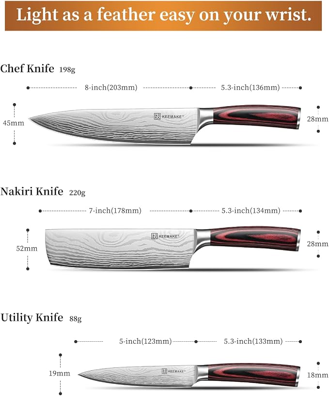 KEEMAKE 3 Pieces Knife Set, High Carbon Stainless Steel Chef Knives Sets with Ergonomic Pakkawood Handle, Professional Ultra Sharp Kitchen Knife Sets, Father Day Gifts
