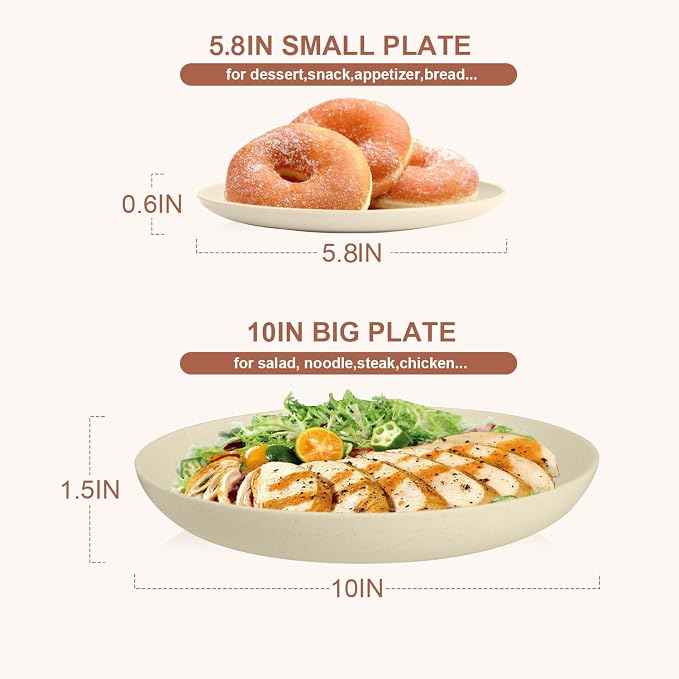 Wheat Straw Dishes Set Service for 8, Reusable Plastic Dinnerware Set 32 PCS, Kitchen Plates and Bowls sets, Unbreakable Microwave and Dishwasher Safe Camping Dishes for RV, Outdoor - Beige