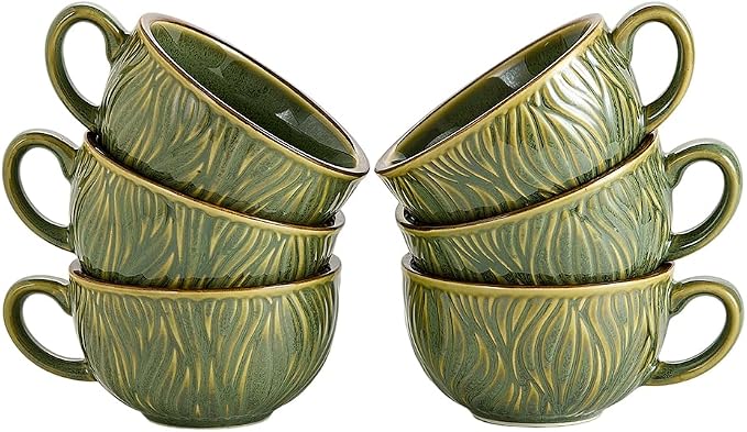 Coffeezone Set of 6 Vintage Design 12 oz Professional Barista Ceramic Latte Art Cappuccino Cups Set (Wave Green)