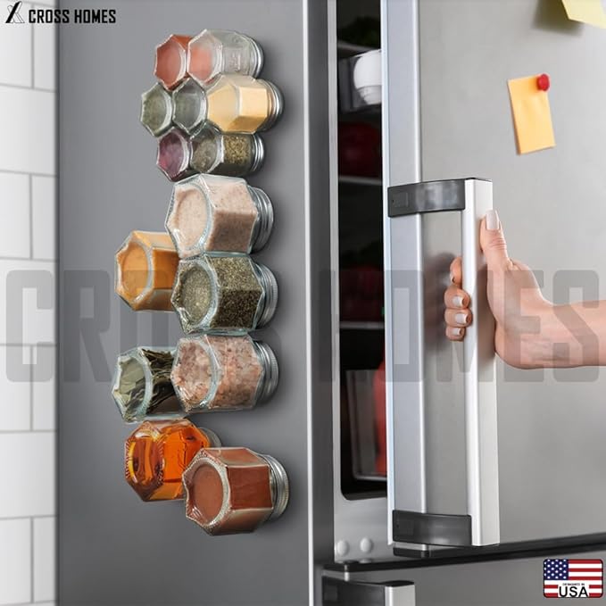 Magnetic Spice Jars Combo Pack 21 Set (6 Large 4 oz + 15 Small 2 oz) Refrigerator Hexagon Glass Spice Jar Magnetic Lid Shaker Spice Labels Magnetic Glass Spice Containers for RV Kitchen Fridge Cabinet