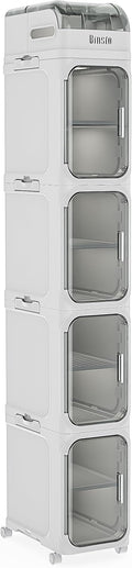 BINSIO 5-Tiers Slim Bathroom Organizers and Storage, Bathroom Counter Organizer, Toilet Paper Storage, Foldable Organizer Storage Cabinet, Portable Laundry Room Organization, Plastic White Clear Doors