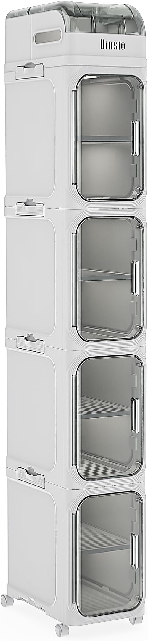 BINSIO 5-Tiers Slim Bathroom Organizers and Storage, Bathroom Counter Organizer, Toilet Paper Storage, Foldable Organizer Storage Cabinet, Portable Laundry Room Organization, Plastic White Clear Doors