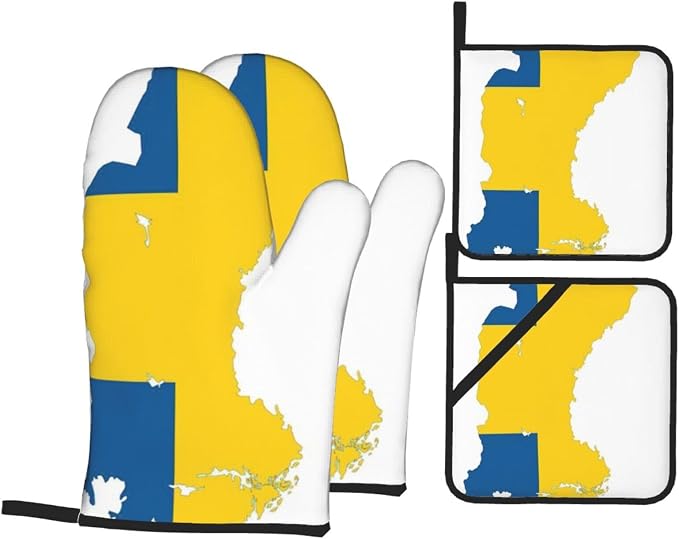 Swedish Flag Map Print Oven Mitts and Pot Holders Set,for Kitchen Baking Cooking,BBQ Outdoor Use