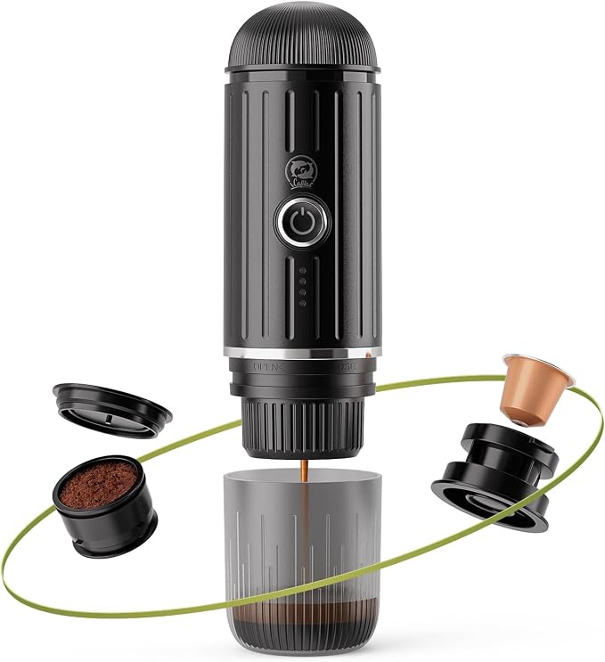 i Cafilas Portable Electric Espresso Coffee Maker Electric Coffee Machine Compatible with NS Capsules and Coffee grounds for Camping, Travel, Home【Heating version】