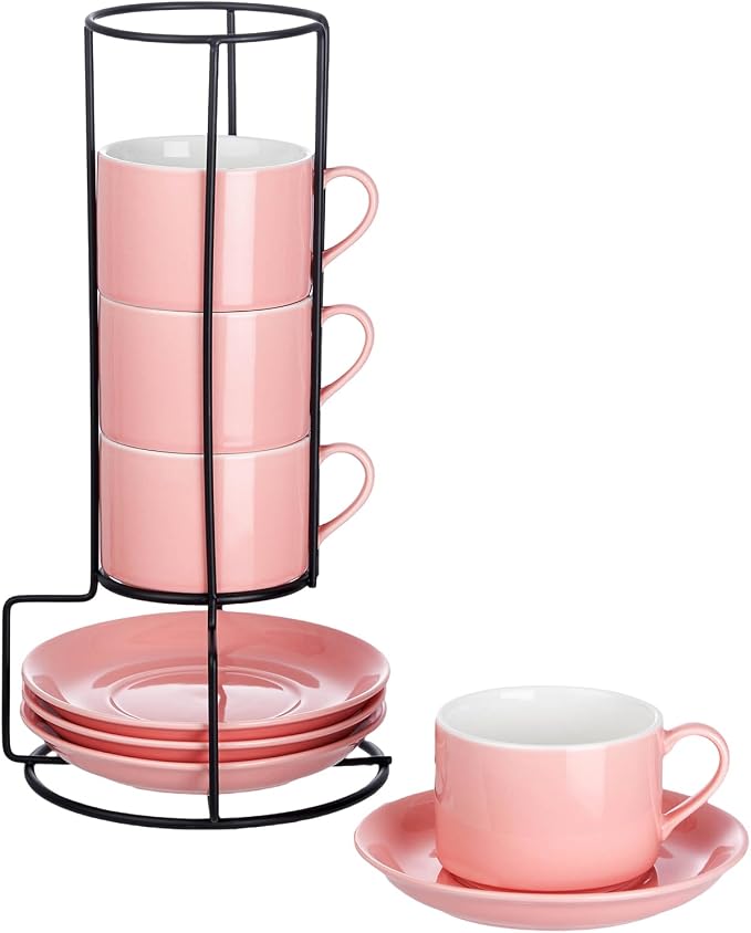 Cappuccino Cups Set of 4, 8oz Stackable Coffee Cups Set with Saucers and Metal Stand, Coffee Mugs and Saucers for Cappuccino, Latte, Americano and Tea - Pink