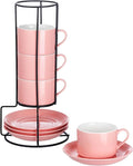 Cappuccino Cups Set of 4, 8oz Stackable Coffee Cups Set with Saucers and Metal Stand, Coffee Mugs and Saucers for Cappuccino, Latte, Americano and Tea - Pink