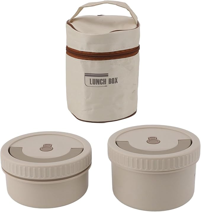 -Proof Thermal Lunch Container Set – 2-Piece Round Insulated Food Box in Premium 316 Stainless Steel with Carry Bag, Beige