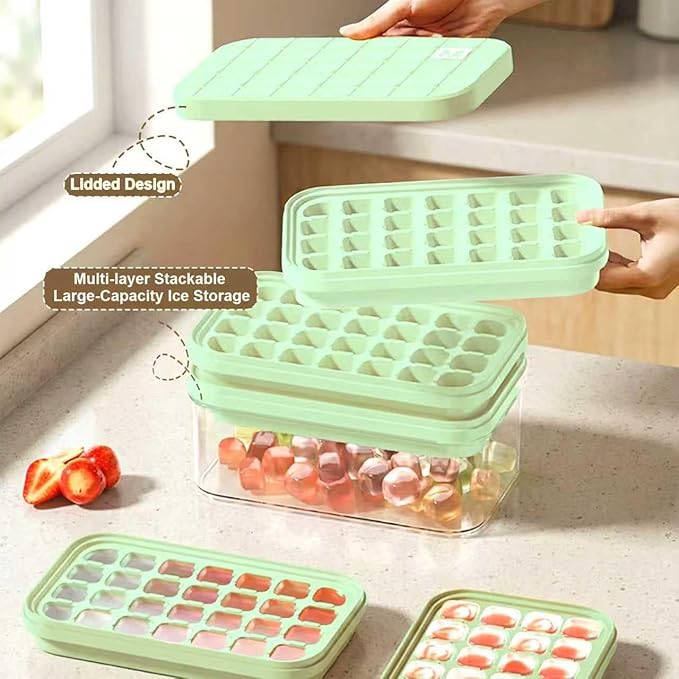 Silicone Ice Cube Trays with Lid and Bin - BPA-Free, Stackable, Release for Easy Ice Making, Portable with Handle, Perfect for Cocktails and Iced Coffee (Dopamine Color)