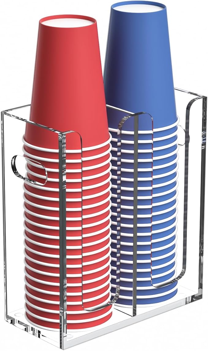 Disposable Coffee Cup Dispenser with Handles, Countertop or Wall Mount Hot/Cold Drink Cup and Lid Holder - Bathroom/Kitchen/Office Acrylic Cup Lid Storage Organizer (2 Compartments, Clear)