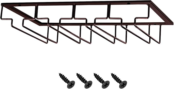 MOCOUM Wine Glasses Rack Under Cabinet Stemware Rack, Wine Glass Hanger Rack Wire Wine Glass Holder Storage Hanger for Cabinet Kitchen Bar (Brown, 4 Rows 1 Pack)