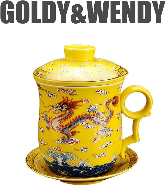 GOLDY&WENDY Ceramic Tea Mug with Strainer Infuser and Lid and Saucer Chinese Porcelain Tea Cup Loose Leaf Tea Brewing System for Home Office