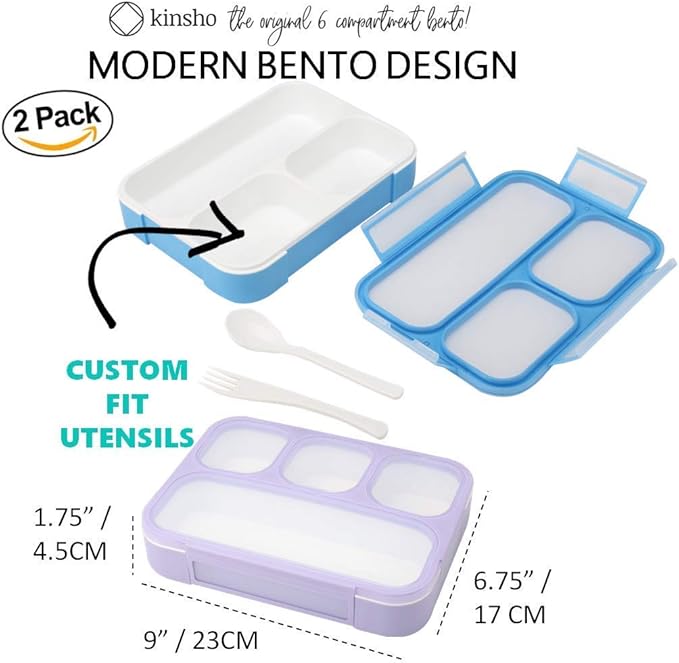 Bento Lunch Box for Kids or Adults, Snack Containers for Boys, Girls, School Daycare Work, 3 Divided Compartments Meal Planning Portion Control, BPA-Free Boxes, Utensils | Blue Purple 2 Pack