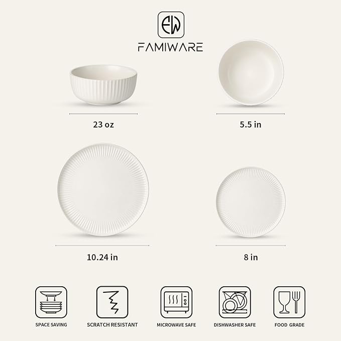 Famiware Starlight 12-Piece Plates and Bowls Sets for 4, Stoneware Dinnerware with Ribbed Textured, Handcrafted Reactive Glaze Dishes - Dishwasher & Microwave Safe, Chip/Scratch Resistant, Matte White