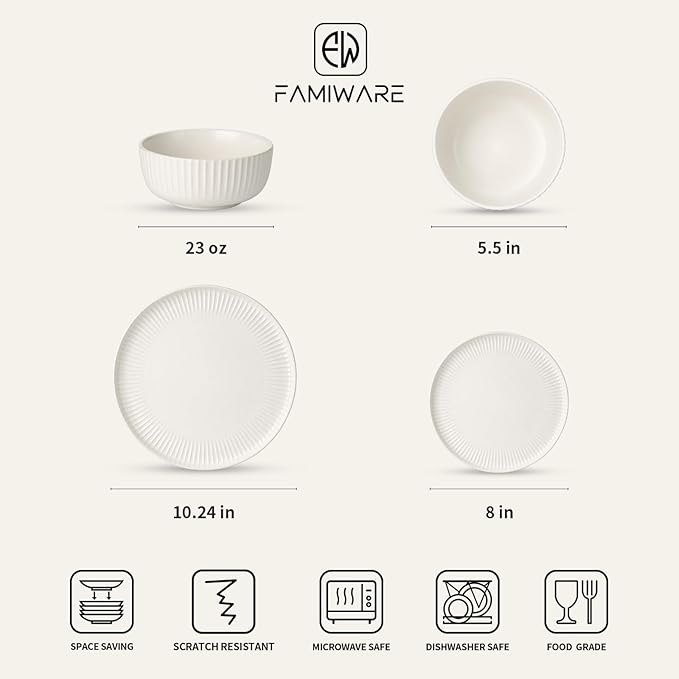 Famiware Starlight 24-Piece Plates and Bowls Sets for 8, Stoneware Dinnerware with Ribbed Textured, Handcrafted Reactive Glaze Dishes - Dishwasher & Microwave Safe, Chip/Scratch Resistant, Matte White