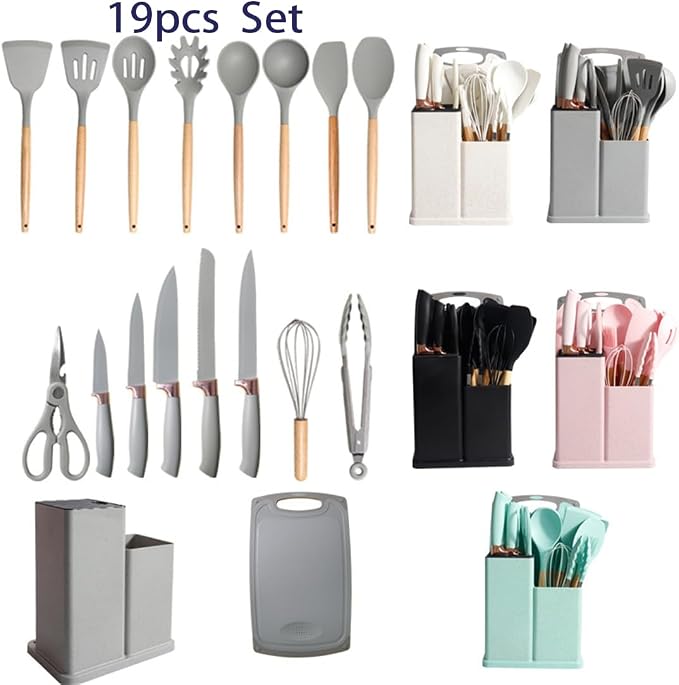 19 Pieces Kitchen Utensil and Knife Set with Block, with 11 Piece Silicone Cooking Utensils, 5 Pcs Sharp Stainless Steel Chef Knives Scissors Whisk Tongs and Cutting Board Beige