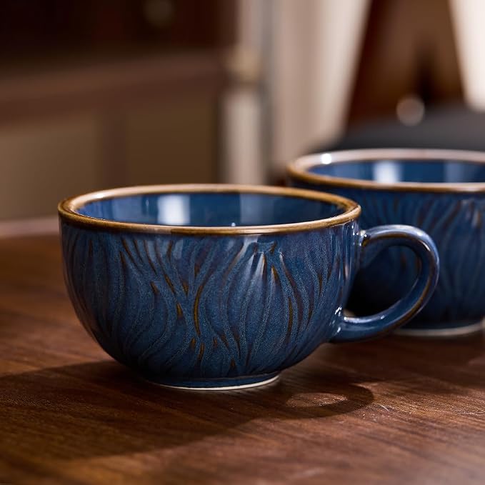 Coffeezone Set of 6 Vintage Design 12 oz Professional Barista Ceramic Latte Art Cappuccino Cups Set (Wave Blue)