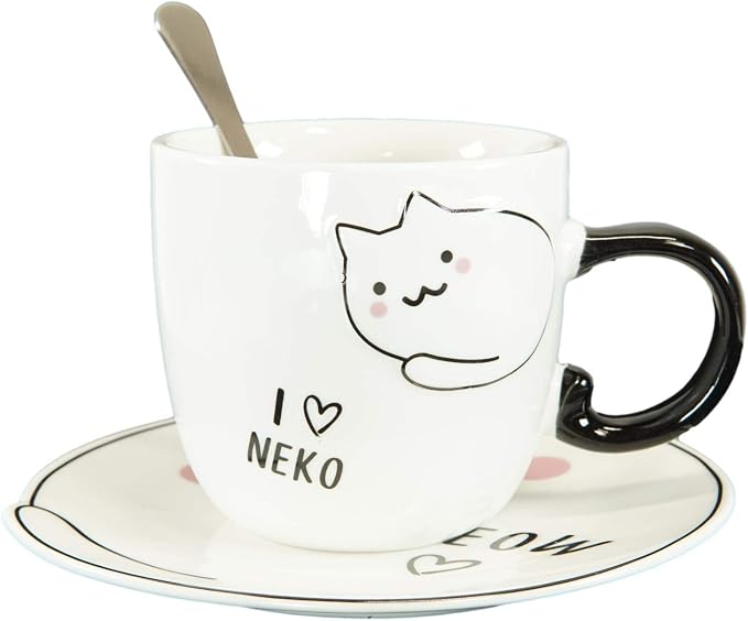 Ebros Pack Of 2 Crazy For Cats Maneki Neko Porcelain Coffee Tea Mug Cup 8oz With Saucer Tray And Notched Spoon Animal Pets Kittens Mugs Cups Kids And Adults Drinkware (Calico And White)