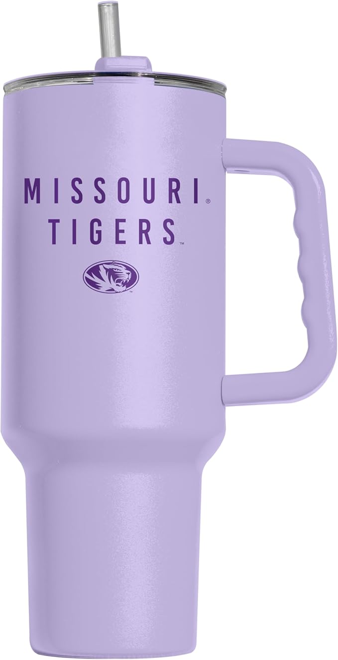 Logo Brands NCAA Missouri Tigers Lavender 40 oz Tumbler with Handle - Stylish Everyday Use Powder Coated-Stainless Steel with Straw- Keeps Cold For Hours