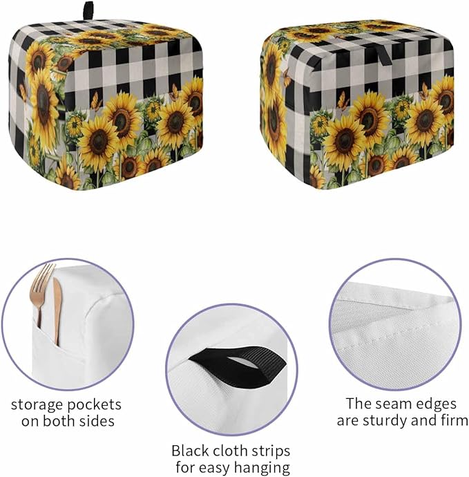 Sunflower Checkered Toaster Cover 2 Slice, Black Buffalo Plaid Dustproof Bakeware Oven Protector with Top Hook, Pastoral Flowers Waterproof Small Kitchen Appliance Toasters Dust Cover, 11"x6"x8"