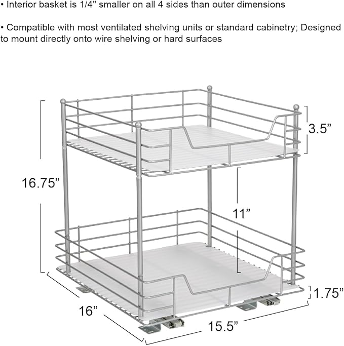 Household Essentials Glidez Steel Pull-Out/Slide-Out Storage Organizer with Plastic Liners for Under Cabinet or Wire Shelf Use - 2-Tier Design - Fits Standard Size Cabinet or Shelf, Brushed Silver