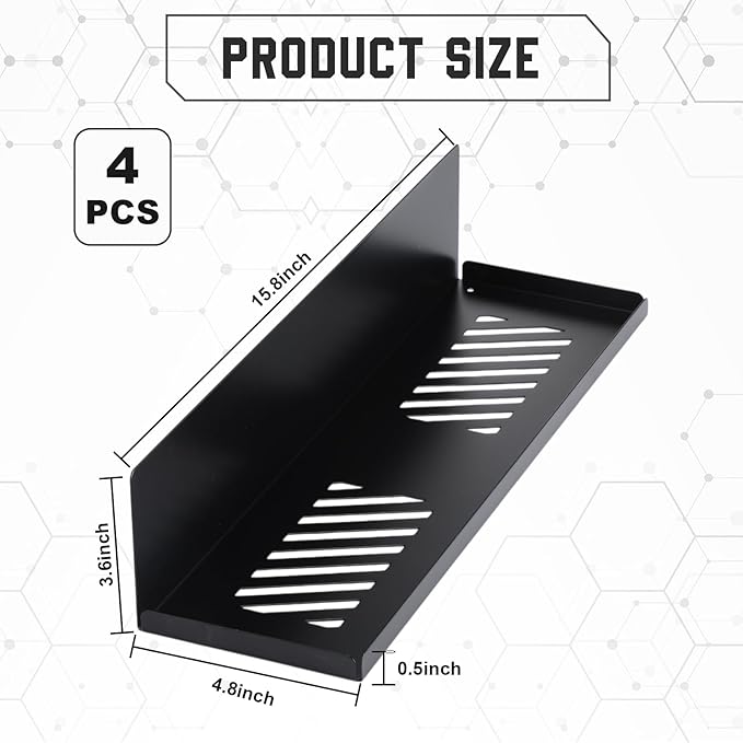 Therwen 4 Pack Magnetic Pegboard Shelves Wall Organizer Metal Pegboard Shelf Steel Tray Accessories Organizing Tools for Craft Home Kitchen(16 x 4.7 x 3.5 Inches,Black)