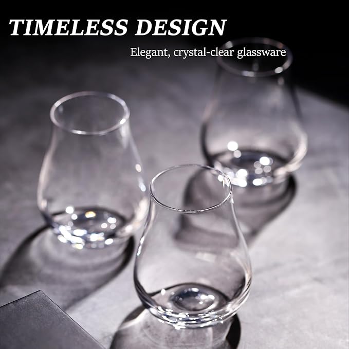 comfit Whiskey, Scotch, Bourbon Tasting Glasses - Set of 6 - Professional 4.5 oz Stemless Tulip Shaped Tasting and Nosing Copitas - Small Crystal Snifters Glasses Gifts