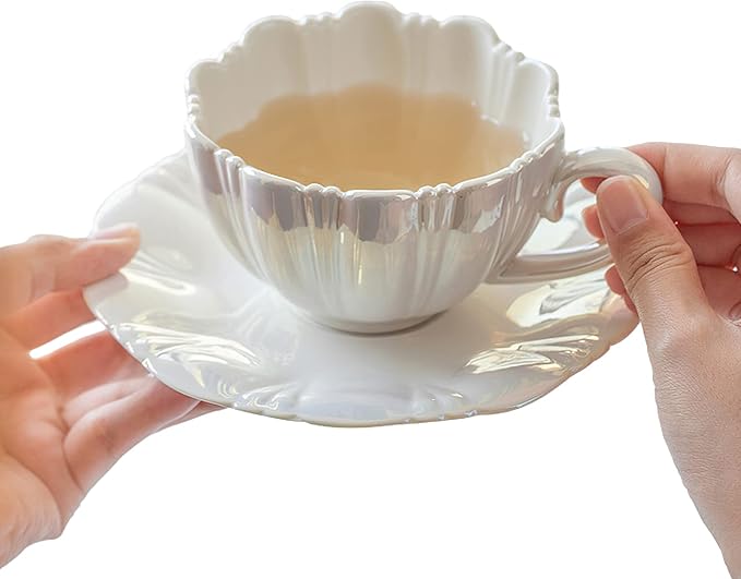 amokk Porcelain Coffee Mugs Flower Shaped Tea Cup and Saucer Set for Housewarming Gift Home Decor (White)