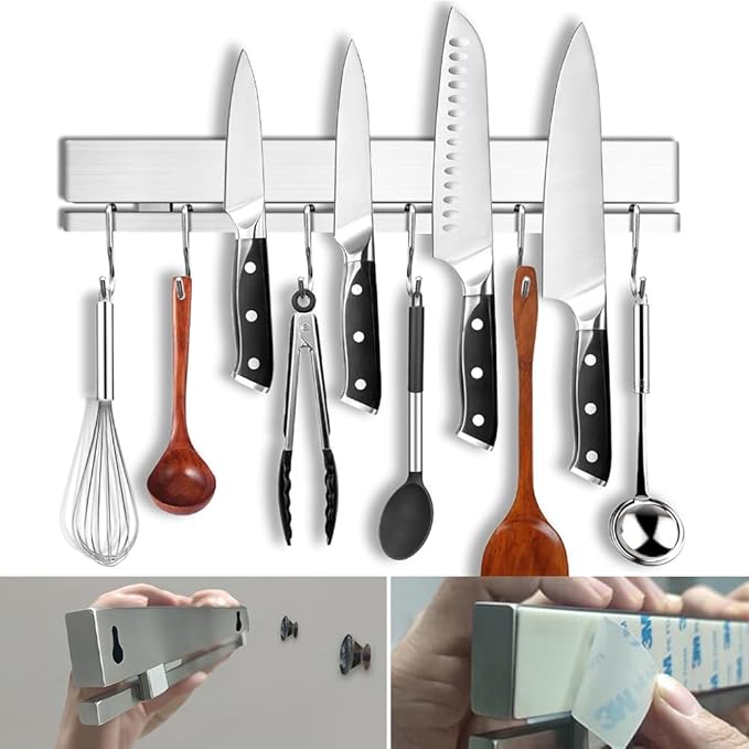 YIIYIIN 12" Premium 304 Stainless Steel Double-Sided Magnetic Knife Holder for Wall -with Adhesive Strip, No Drill -6 Hooks Included for Kitchen Utensils