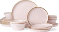 Famiware Saturn Plates and Bowls Dish Sets for 6 (18 Pieces), Stoneware Dinnerware Set with Hand-Painted Trim - Chip & Scratch Resistant, Microwave & Dishwasher Safe Ceramic Dishes, Light Pink