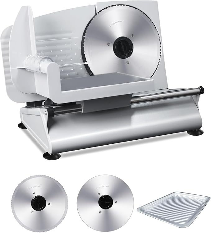 Pterying Meat Slicer Machine for Home - 200W Electric Food Slicer with 2 Removable 7.5" Stainless Steel Blades and Tray, Adjustable and Child Lock Protection, Slicer Machine for Meat Bread