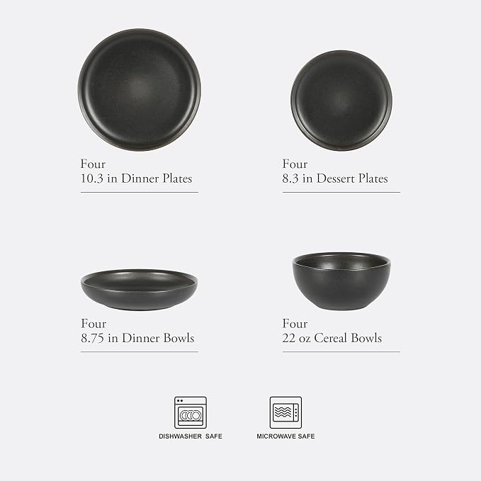 Gibson Elite Beckett Stoneware Matte Reactive Glaze 16 Piece (Service for 4) Plates and Bowls Dinnerware Set - Black