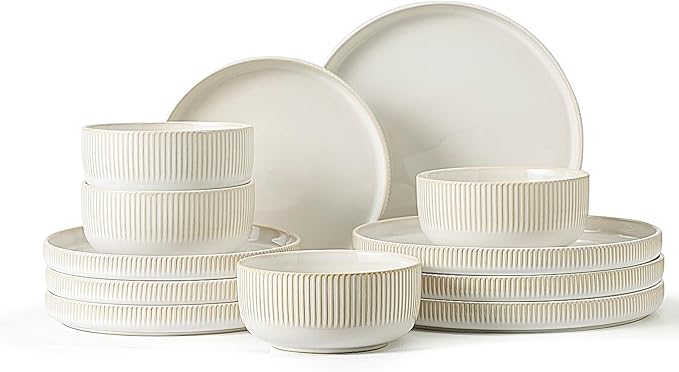Frewinky Stoneware Dinnerware Sets for 4,12 Piece Kitchen Plates and Bowls Set,Reactive Glaze Porcelain Dinnerware Sets Scratch Resistant,Dishwasher and Microwave Safe, Cappuccino White