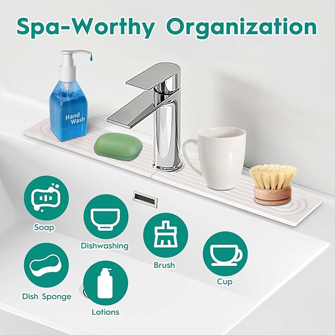 16 Inch Stone Faucet Mat for Kitchen Sink,Quick Dry Stone Mat Kitchen-Sink Water Splash Guard,Diatomite Protector with Super Absorbent&Leak Proof Circular for Kitchen Bathroom Counter(White）