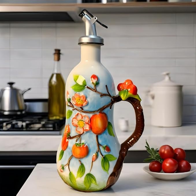 18.26oz/540ml Ceramic Olive Oil Dispenser Bottle,Hand Painted Reliefs Oil Dispenser for Kitchen,Oil Bottles for Kitchen (Persimmon)