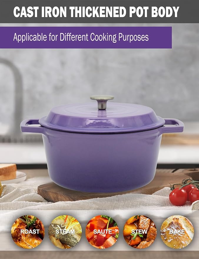 4.2 Quart Cast Iron Dutch Oven with Lid - Enameled Non-Stick Interior, Oven Safe to 500°F, Multi-Stovetop Compatible – Violet
