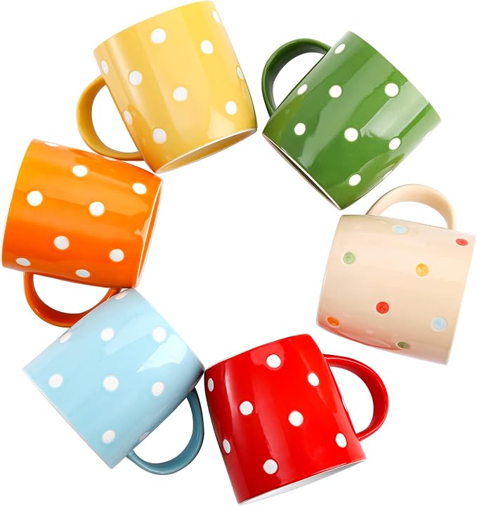 Elsjoy 6 Pack Polka Dot Coffee Mugs, 12 Oz Ceramic Coffee Mugs Colorful Porcelain Mug Set for Coffee, Tea, Milk, Hot Chocolate