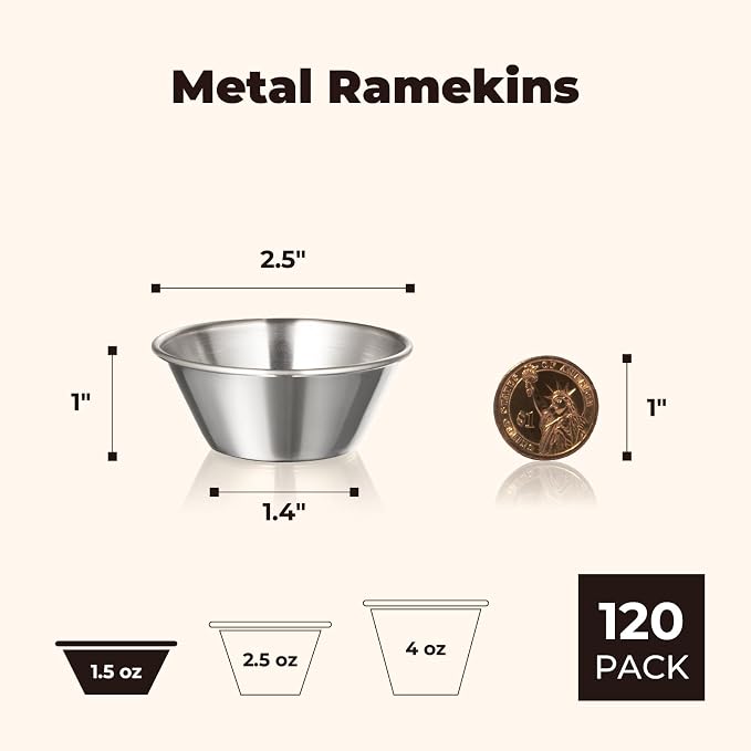 Fit Meal Prep [120 Pack 1.5 oz Stainless Steel Dipping Sauce Cups, Reusable Metal Ramekins, Commercial Grade Condiment Bowls, Individual Portion Cups, Small Round Au Jus Cup for Home, Restaurant