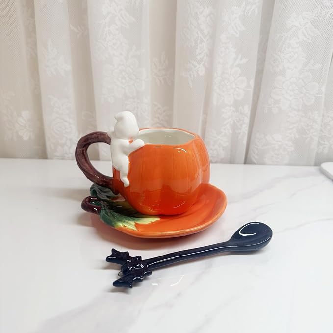 Ceramic Tea Cup and Saucer Set ，6oz 3D Hand-painted Pumpkin and White Ghost Coffee Mug ，Halloween Home Decoration，Gift
