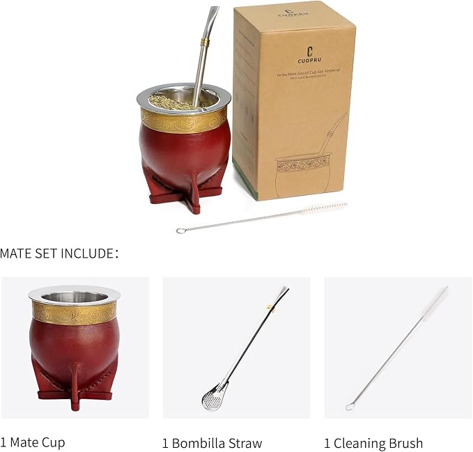 Cuopru Premium Argentina Imperial Yerba Mate Cup with Bombilla Mate (Straw) Set, Baroque Style, Leather Gourd, 304 Stainless Steel Inner (Brown)