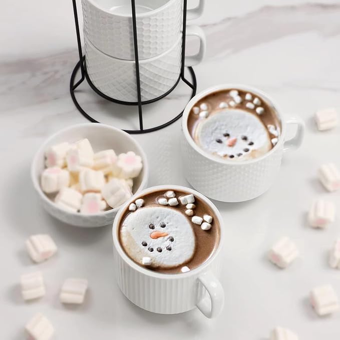 Buyajuju Porcelain Stackable Coffee Mugs Set of 4 with Metal Stand, 12 Ounce Stackable Different Embossment Coffee Cup holder for Coffee, Tea, Cocoa, Drinks, White