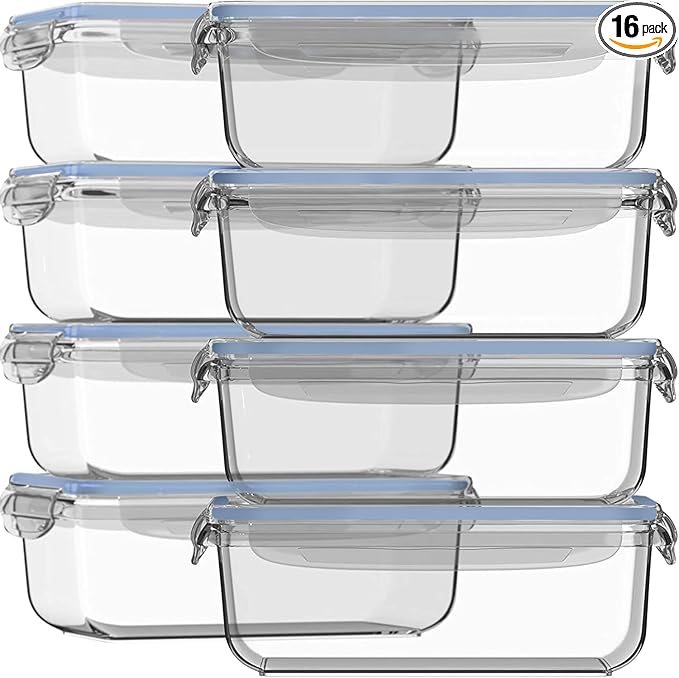 Razab 16 Pc (Set of 8) 30 Oz Glass Meal Prep Containers with Lids, Airtight Large Glass Food Storage Containers, Reusable Leak Proof BPA Free, Freezer to Oven and Dishwasher Safe