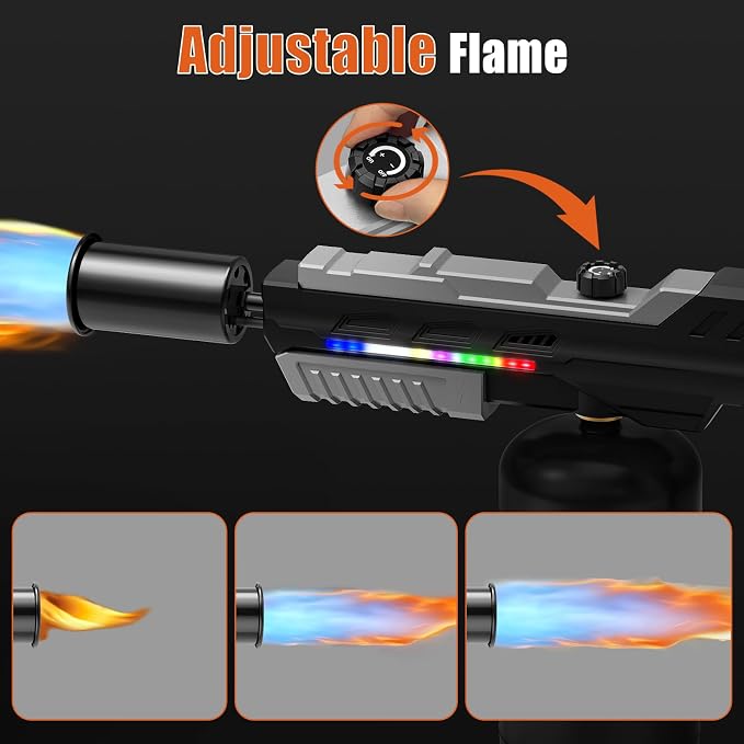 Sondiko Powerful Propane Torch Gun, Front-Mounted LED Light, Gift for Men | Adjustable Flame Thrower, Heavy-Duty Blow Torch Gun for Searing Steak, BBQ, Sous Vide, Camping, Charcoal Starter