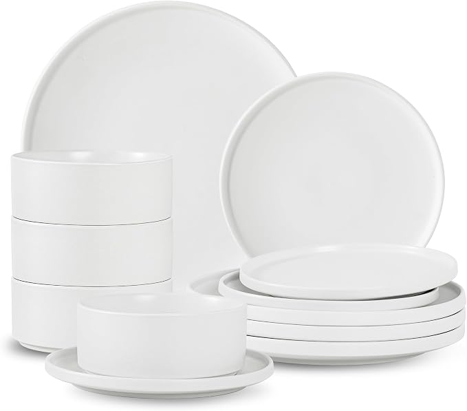 12 Piece Dinnerware Set, Modern Minimalist Stoneware Plates and Bowls Sets, Modern Dinner Plate, Salad Plate, Cereal Bowl, Dish Set for 4, Microwave and Dishwasher Safe, Matte White