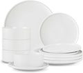 12 Piece Dinnerware Set, Modern Minimalist Stoneware Plates and Bowls Sets, Modern Dinner Plate, Salad Plate, Cereal Bowl, Dish Set for 4, Microwave and Dishwasher Safe, Matte White