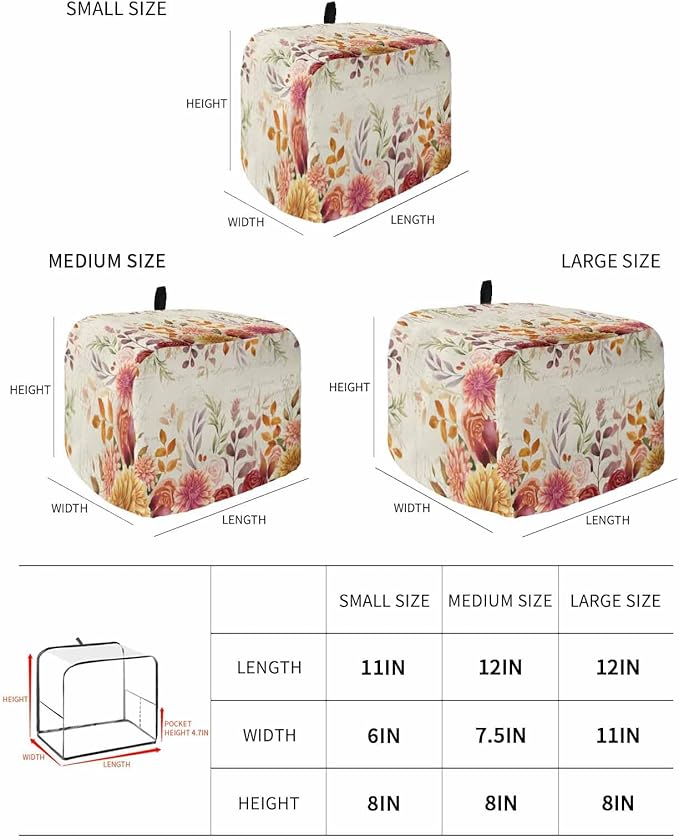 Red Orange Floral Fall Toaster Cover 2 Slice, Thanksgiving Eucalyptus Leaves Dustproof Bakeware Oven Protector with Top Hook, Rustic Waterproof Small Kitchen Appliance Toasters Dust Cover, 12"x7.5"x8"