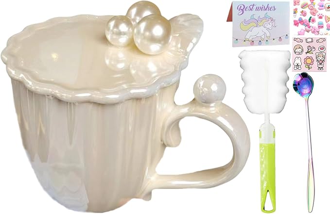 Pearl Ceramic Coffee Mug for Tea Latte Milk Cute Love Shape Cup for Home Office Women Gift 6.5 oz (Shell Pearl White, 420 ml)
