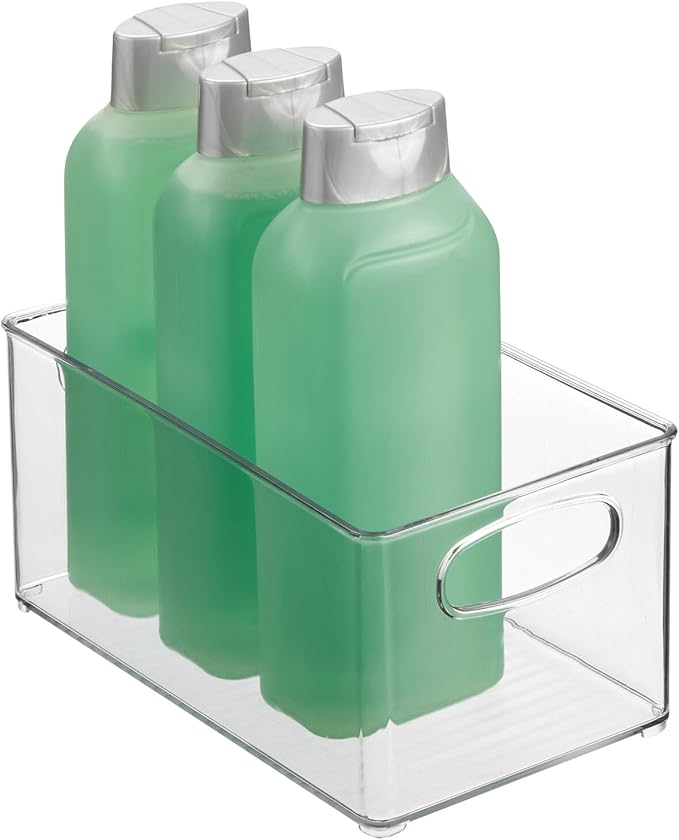 mDesign Plastic Bathroom Storage Container Bins w/ Handles - Closet, Cabinet, Vanity, Cupboard Shelf Organization, Hair Tools Accessory Organizer - Ligne Collection; Clear, 10x6x5 (Pack of 4)