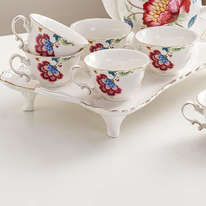 Ceramic Tea Cups Coffee Cup and Saucers Set of 4 (Blue and Red)