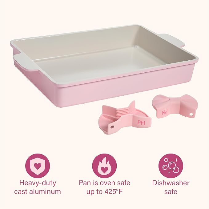 Paris Hilton Deluxe Roasting Pan Set, Heavy Duty Nonstick Bakeware with Silicone Handle Grips, 13"x9", Pink